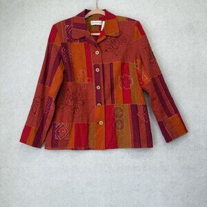 Alfred Dunner Jacket Womens 8 Red Linen Blend Patchwork Striped Embroidered Boho